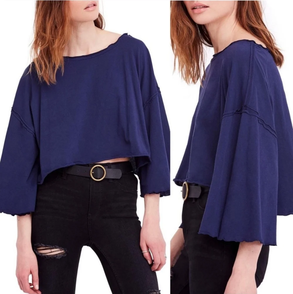 Free People Bird Gang Cropped Oversized Bell Sleeve Beachy Blue Cotton Tee L
